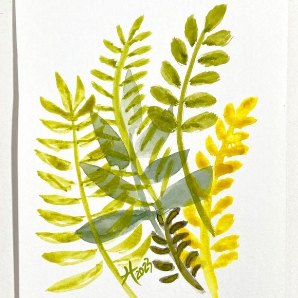 Fern Play - Original Wall Art Watercolor Painting Matted Frame Ready 8x10in - Picture 1 of 6